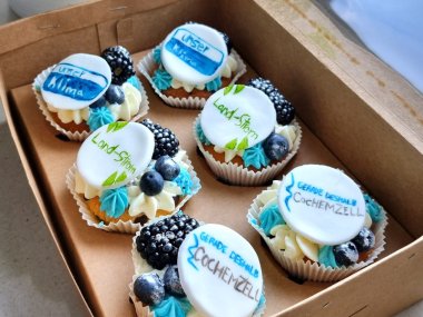 Bunte Cupcakes mit den Logos "CochemZell", "Land-Strom" und "Unser-Klima"